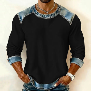 Vintage Denim Trim Waffle Knit Sweatshirt
