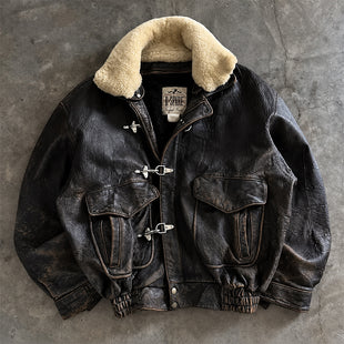Vintage Fireman Clasp Aviator Leather Bomber Jacket